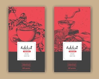sketch drawing art for coffee packaging label with red and black color.use by pen ink.vector and illustration.