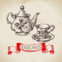 hand drawn sketch england vintage dishes background. vector black and white vector vintage london teapot and tea cup illustration. great britain element