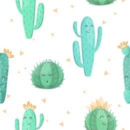 seamless pattern with cute kawaii cactus and succulents with funny faces. isolated on white background. vector illustration. wrapping paper design
