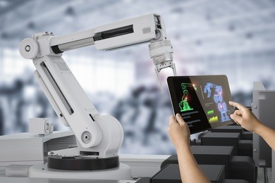 human control 3d rendering warehouse robot working in factory