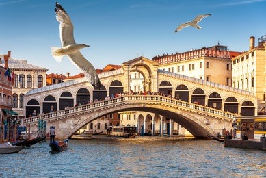 rialto bridge over the grand canal in venice, italy. rialto bridge (ponte di rialto) is one of the main tourist attractions of venice. rialto bridge in the sunlight. travel destinations of venice.