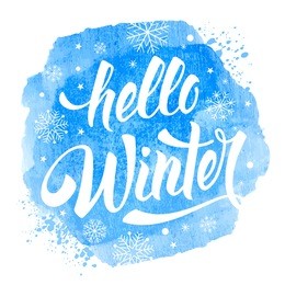 hello winter handwritten calligraphy inscription on blue watercolor background with snowflakes. hand drawn winter inspiration phrase. vector illustration.