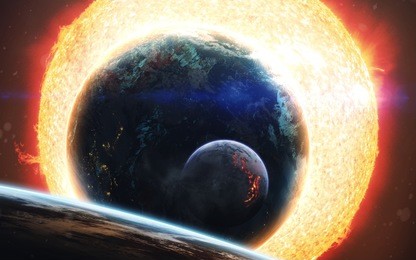 burning plasma of glowing star, planets orbiting sun. deep space image, science fiction fantasy in high resolution ideal for wallpaper and print. elements of this image furnished by nasa