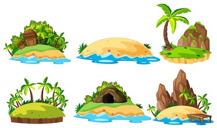 six views of islands on white background illustration