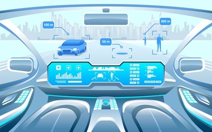autonomous smart car interior. a woman rides a autonomous car in the city on the highway. the display shows information about the vehicle is moving, gps, travel time, assistance app. future concept.