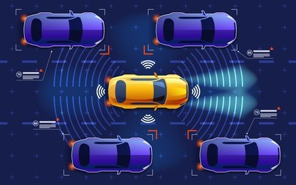 autonomous electro smart car goes on the road in traffic. scans the road, observe the distance. future concept
