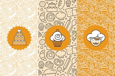 vector set of design templates and elements for bakery packaging in trendy linear style - seamless patterns with linear icons related to baking, cafe, cupcake shop and logo design templates