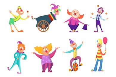 circus characters. funny clowns in action poses. circus clown in costume, vector character comedian illustration