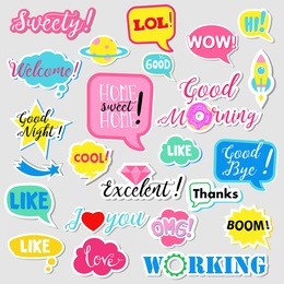 collection of flat design social network stickers. set of stickers, pins, patches and badges vector illustration. stickers for mobile messages, chat, social media, online communication, networking