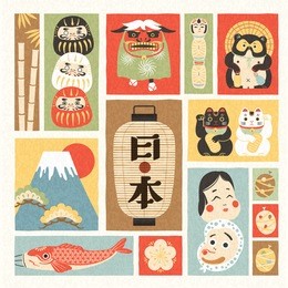 japanese culture symbol set, flat style of representative symbol and japan country name in japanese in the middle