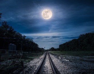 railroad tracks through the woods at night. beautiful blue sky and full moon above silhouettes of trees and railway. serenity nature background. outdoor at nighttime. the moon taken with my own camera