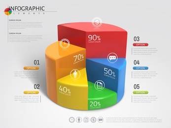 3d pie chart infographic, plastic texture pie chart with different colors in 3d illustration