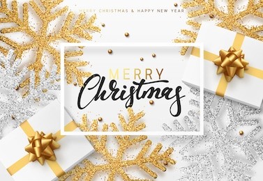 christmas background with gifts and shining golden and silver snowflakes. merry christmas card vector illustration.