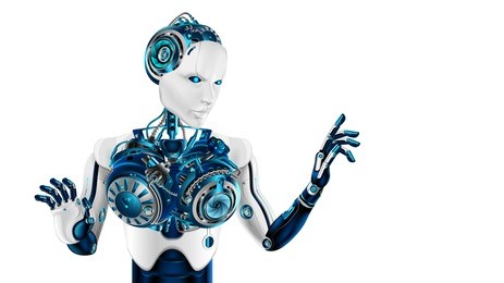 humanoid robot woman points the forefinger. beautiful cybernetic woman's body. artificial intelligence makes a decision or makes a choice. future concept