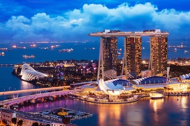singapore cityscape, landscape of singapore business building around marina bay, singapore city skyline at dusk.