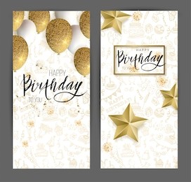 happy birthday design.white and golden glitter balloons or golden stars and calligraphy on the doodle background. vector illustration
