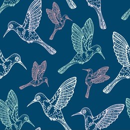 vector seamless pattern with hummingbird on a blue background. cartoon wallpaper with birds.