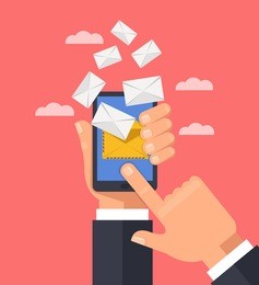 hand holding smart phone and receiving online mail envelops. electronic modern technology email communication concept. vector flat cartoon illustration