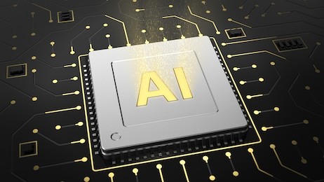 3d render of computer chip over circuit background with ai sign. ai(artificial intelligence) concept, 3d illustration, abstract image visual