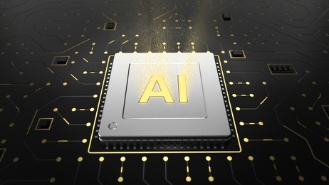 3d render of computer chip over circuit background with ai sign. ai(artificial intelligence) concept, 3d illustration, abstract image visual