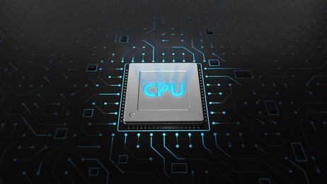 3d render cpu chip on black circuit board. technology background computer circuit board chip cpu core motherboard and blue texture with processors microelectronics hardware concept electronic device