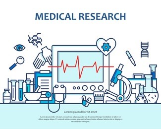 medical research concept in modern flat line style. diagnosis, science and a lot of medicine icons. banner for website or magazine. header, poster, flyer backdrop. cartoon design