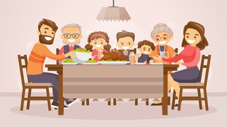 christmas & thanksgiving inspired holiday card with caucasian family celebrating thanksgiving day turkey at the table. vector flat design family holiday weekend illustration for poster, card, banner.