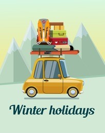 winter holidays. winter holidays in the mountains. trip on a winter vacation in the mountains. the trip by car on winter vacation in the mountains.  flat design. vector illustration eps10 file