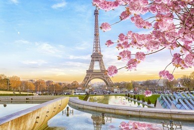 eiffel tower in the spring morning in paris, france. romantic travel background.