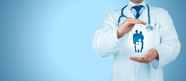 health (medical) and life insurance for the whole family concept. practitioner doctor with protective gesture and icon of family.