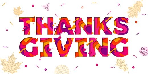 thanksgiving paper cut color font text for holiday celebration greeting card or sale banner design on autumn leaf pattern background. vector modern papercut type lettering for thanksgiving celebration