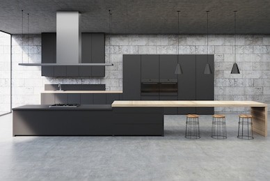 concrete kitchen interior with a concrete floor, black cabinets and consoles with built in cookers and a balcony. 3d rendering mock up