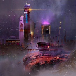 painted fantastic landscape. night city of the future.