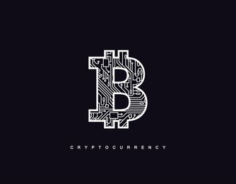 cryptocurrency concept. outline bitcoin sign textured with circuit board pattern. vector futuristic illustration with blockchain technology based crypto currency. financial concept. virtual money
