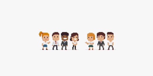 group of pixel art office characters, male and female, isolated on white background