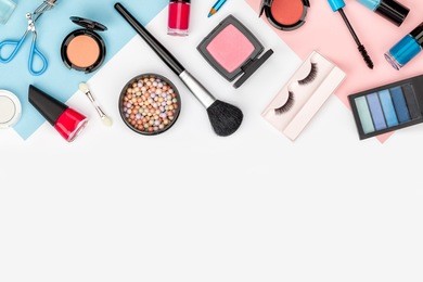 set of professional decorative cosmetics, makeup tools and accessory on white background with copy space for text. beauty, fashion, party and shopping concept. flat lay frame composition, top view