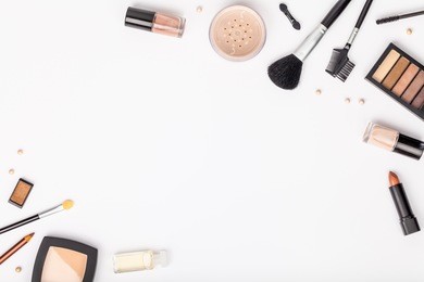 set of professional decorative cosmetics, makeup tools and accessory on white background with copy space for text. beauty, fashion, party and shopping concept. flat lay frame composition, top view