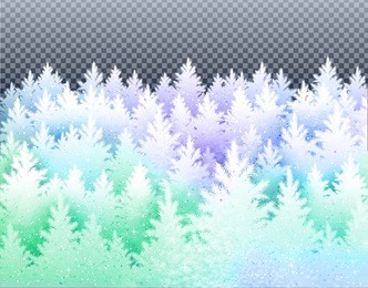 christmas winter landscape  with icy frozen spruce forest with glitter on transparency background. 
