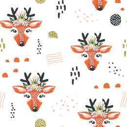 seamless pattern with deers and drawn elements. creative woodland background. perfect for kids apparel,fabric, textile, nursery decoration,wrapping paper.vector illustration