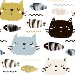 seamless childish pattern with cute cat face and fish. creative nursery background. perfect for kids design, fabric, wrapping, wallpaper, textile, apparel