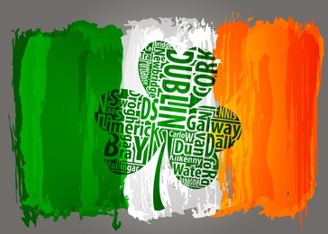 flag of ireland and shamrock art with the names of the biggest irish cities.