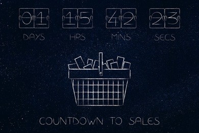 countdown to sales conceptual illustration: shopping basket with timer 