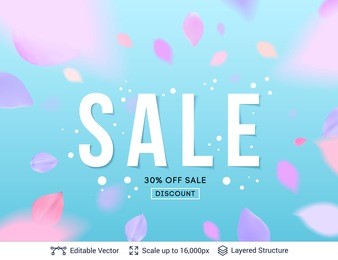pink pastel petals on blue background. flower blossoms flying falling effect. vector backdrop template for spring sale design.