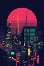 cool retro futuristic synthwave background with night dystopian cityscape and gigantic pink planet or sun silhouette. vector flat design on dark sci-fi megalopolis with neon lights, huge skyscrapers
