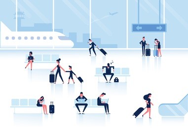 people sitting and walking in airport terminal. infographics elements. business travel concept. flat vector illustration.