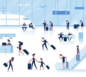 people sitting and walking in airport terminal. infographics elements. business travel concept. flat vector background.