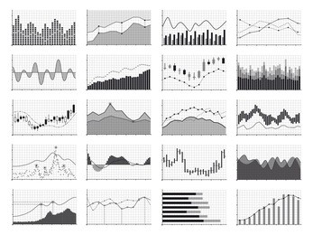 stock analysis graphics or business data financial charts isolated on white background. chart and graph, financial diagram growth and progress, vector illustration