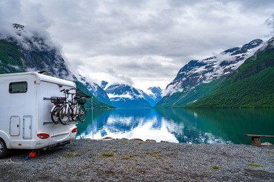 family vacation travel rv, holiday trip in motorhome, caravan car vacation. beautiful nature norway natural landscape.