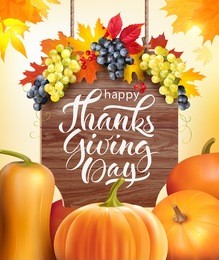 thanksgiving day background with decorated signboard and pumpkins. vector illustration. 