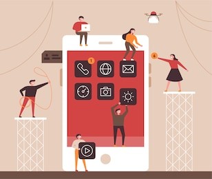 small people character decorated mobile technology. vector concept illustration flat design